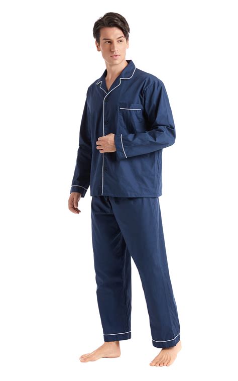 Mens Cotton Long Sleeve Woven Pajama Set Navy Blue With White Piping