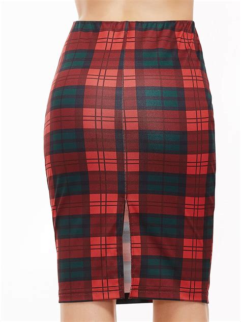 Red And Green Plaid Slit Back Pencil Skirt SheIn Sheinside