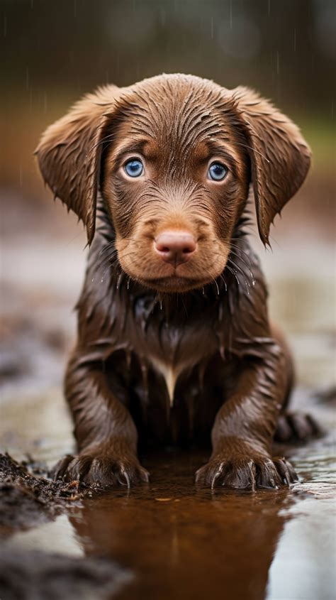 Labrador Pup Sits In A Mud Puddle Gazing Up With Eyes Pleading