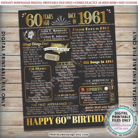 60th Birthday Poster Board Born In The Year 1961 Flashback 60 Years Ago B Day T Printable