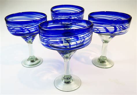 Mexican Margarita Glasses Blue Swirl 15oz Set Of Four Hand Blown In Mexico With Recycled