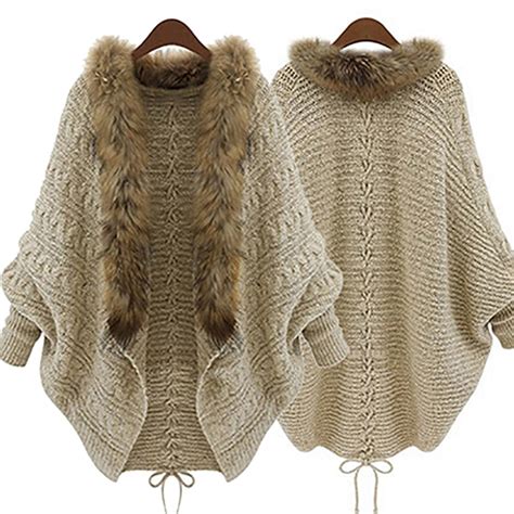 Fashion Women Faux Fur Collar Coat Batwing Sleeve Loose Casual Warm Cardigan Shawl Sweater In