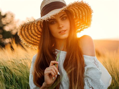 Women Evgeny Freyer Hat Portrait Long Hair Sunlight Brunette Women