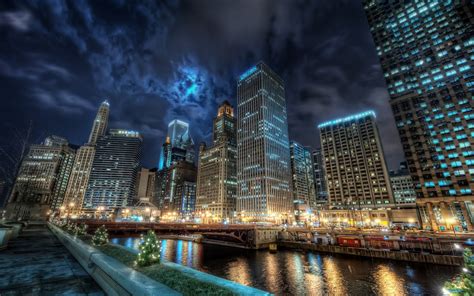 City Cityscape Night Lights Buildings Street Chicago River Dark