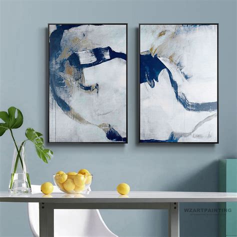 Framed Wall Art Set Of 2 Prints Abstract Navy Blue White Print Painting