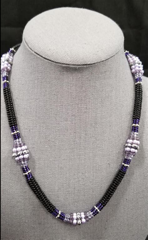 Lilac And Black Tubular Herringbone Beaded Station Necklace ⋆ Behold
