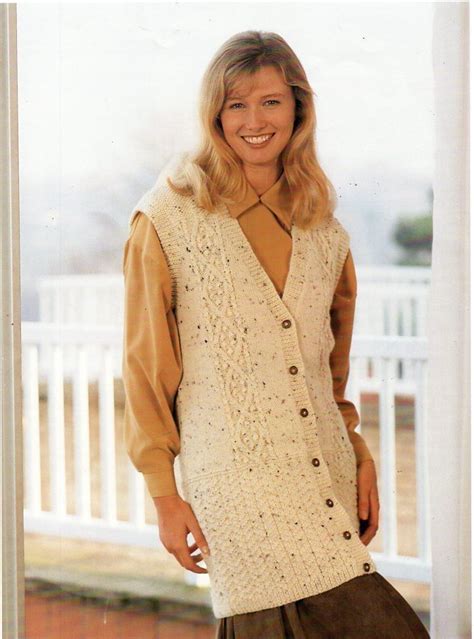 Womens Waistcoat Knitting Pattern Pdf Ladies Cable Long Gilet Vest 30
