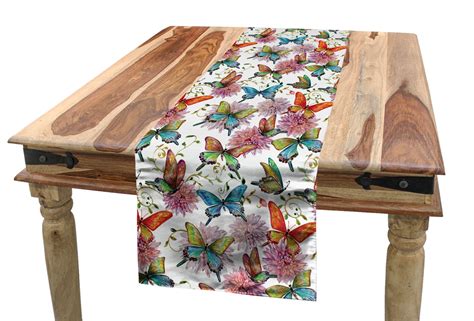 Butterfly Table Runner Flying Butterflies With Floral Elements Vivid