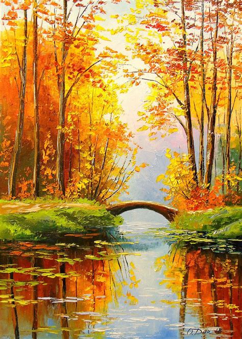 Bridge In The Autumn Forest Paintings Impressionism