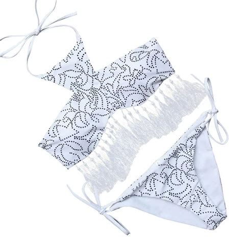 Snowshine3 Ylsw White Bikini Tassel Bikini Swimsuit Floral Pattern Small Chest Gather Sexy 2017