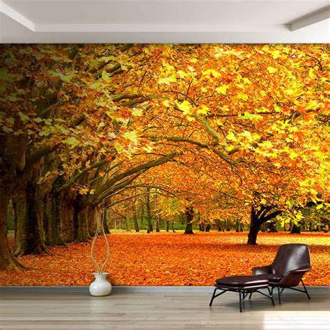 Autumn Yellow Leafy Sycamore Trees Scenery Custom Wall Mural