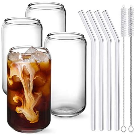 Drinking Glasses With Glass Straw 4pcs Set 16oz Can Shaped Glass Cups
