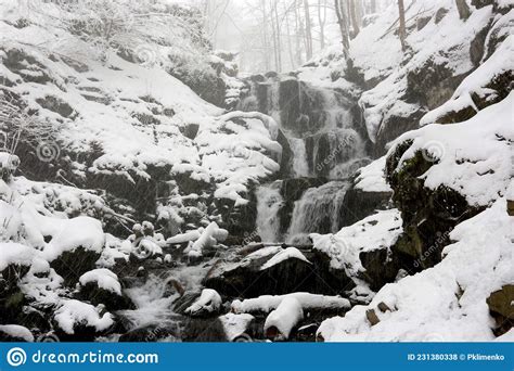 Snowfall In Mountain Forest Stock Photo Image Of Deciduous Creek