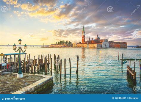 Venice Lagoon San Giorgio Church Gondolas And Street Lamp Italy
