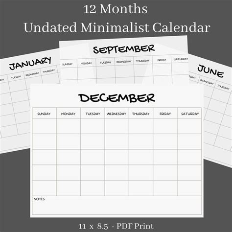 12 Month Blank Calendar Minimalist Undated Year Round Etsy