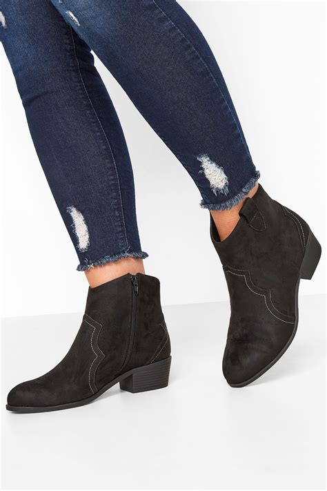 Black Vegan Suede Western Ankle Boots In Extra Wide Fit Pixiegirl