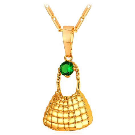Fashion Jewelry Women Bag Gold Color Pendant Necklace With Green Crystal Zirconia Female Jewelry