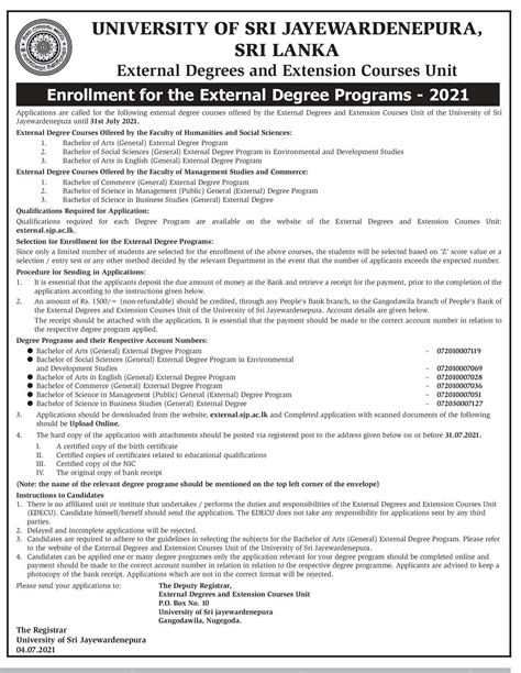 Enrollment For The External Degree Programs 2021 University Of Sri