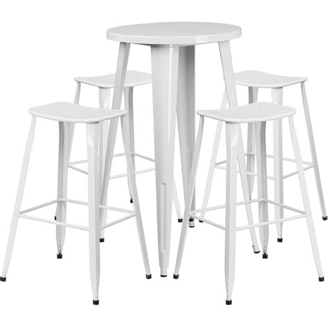 24 Round White Metal Indoor Outdoor Bar Table Set With 4 Saddle Seat