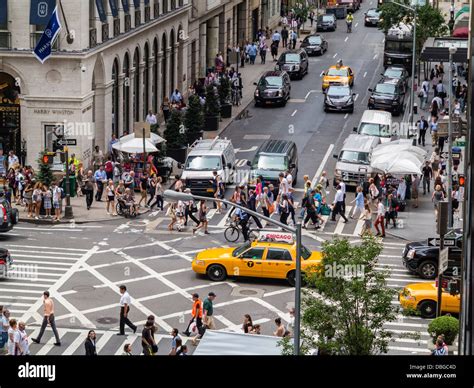 Manhattan New York Street People And Traffic At Highway Junction On