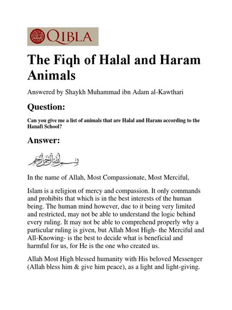Dead animals were declared unlawful (haram). The Fiqh of Halal and Haram Animals | Sharia | Muhammad ...