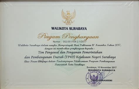 Piagam Penghargaan Walikota Surabaya 10 11 2017