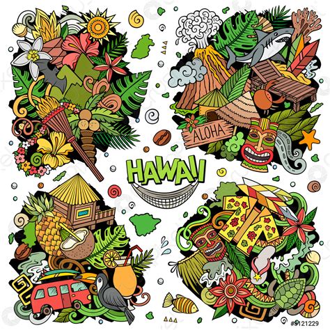 Hawaii Cartoon Vector Doodle Designs Set Stock Vector Crushpixel