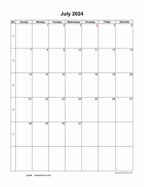 Download July 2024 Blank Calendar With Us Holidays Vertical