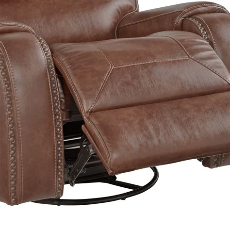Achern Brown Leather Nailhead Swivel Glider Recliner Roundhill Furniture