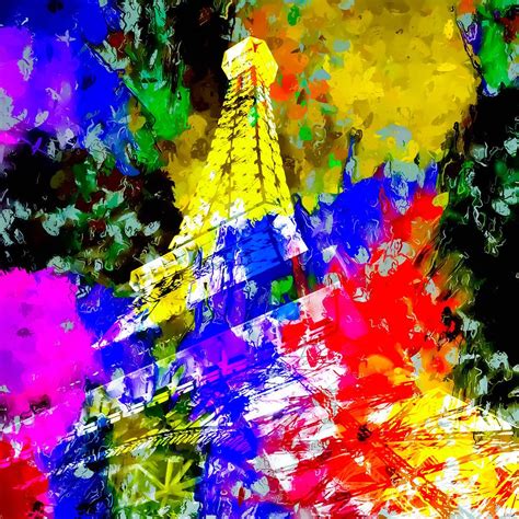 Eiffel Tower France At Night With Colorful Painting Abstract