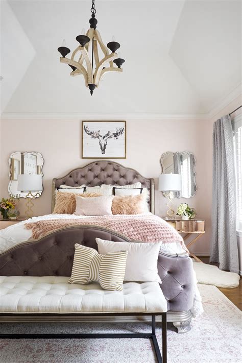 Rose gold bedroom accents that add a touch of glamour. Master bedroom blush pink and rose gold. Courtney Warren ...