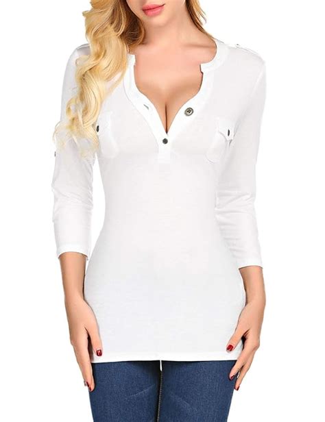 Buy Beauteine Low Cut Shirts For Women Sexy Deep V Cleavage 34 Sleeve Tops Solid Button Down