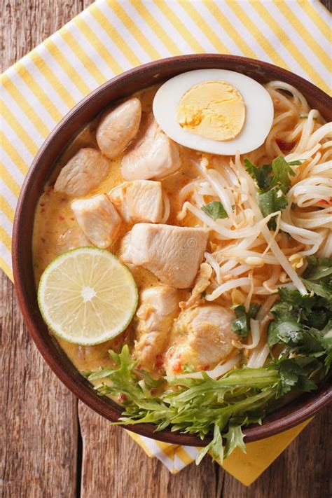 Malaysian Laksa Soup With Chicken Close Up In A Bowl Vertical T Stock