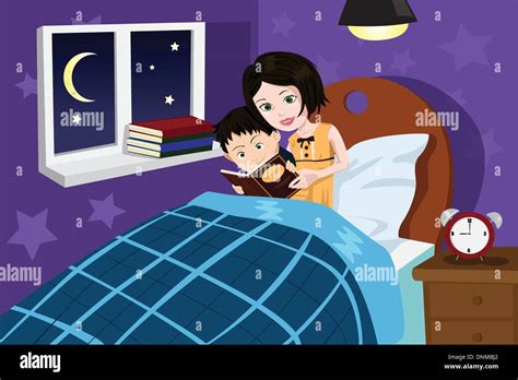 A Vector Illustration Of A Mother Reading Bedtime Story To Her Son