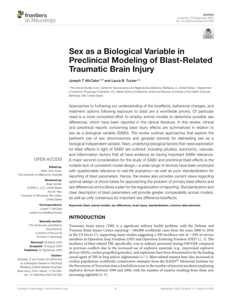 Pdf Sex As A Biological Variable In Preclinical Modeling Of Blast