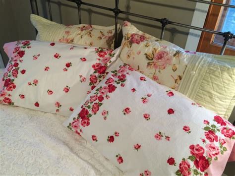 Pair Handmade Shabby Chic Pillowcases Vintage Pink And Red Rose