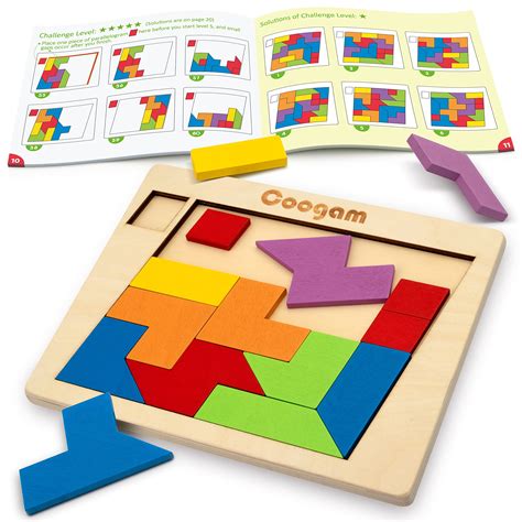 Coogam Wooden Puzzle Pattern Blocks Brain Teasers Game With 60