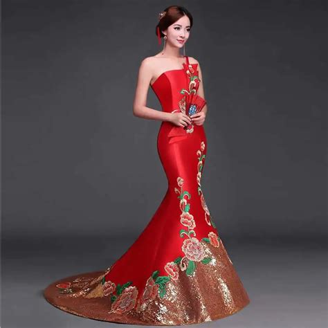 Luxury Red Chinese Oriental Dresses Qipao Long Cheongsam Chinese Bride Wedding Dress Evening