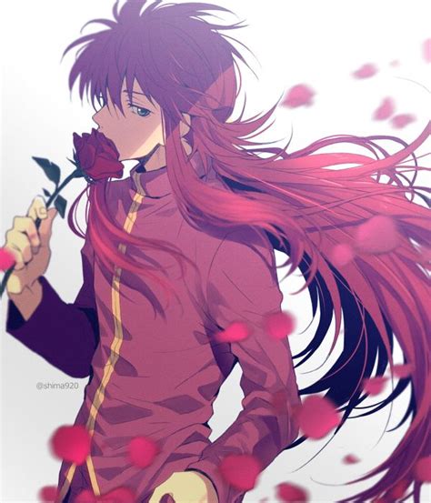An Anime Character With Long Hair Holding A Rose