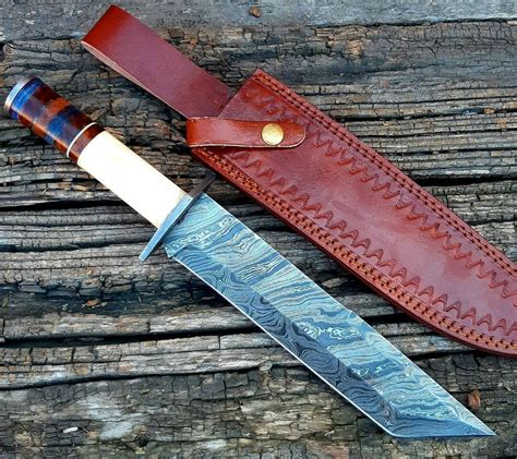 Nb Knives Custom Handmade Damascus Steel Tanto Blade Knife With Leat