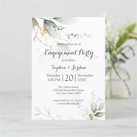 Greenery Floral Gold Foil Leaves Engagement Party Invitation Zazzle