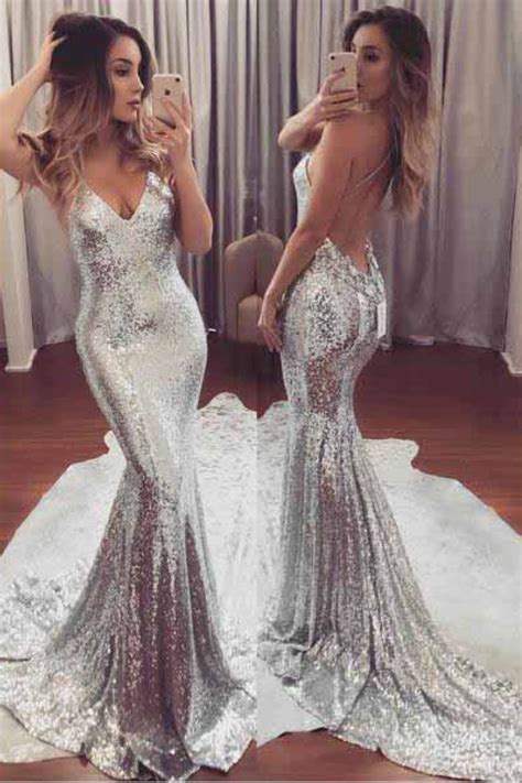 Sexy Mermaid Silver Sequined Backless Prom Dress Long