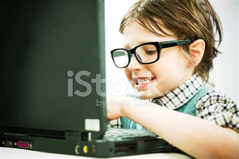 Funny Looking Boy Geek Using His Laptop Stock Photo Royalty Free