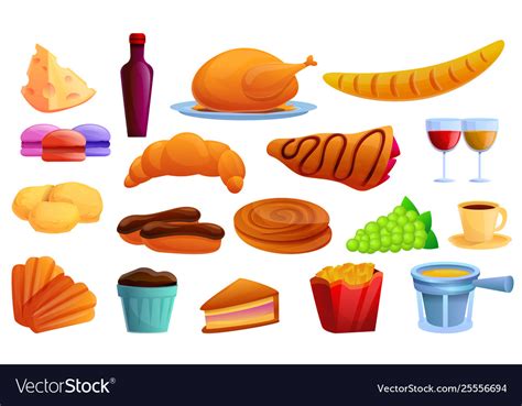 French Food Icons Set Cartoon Style Royalty Free Vector