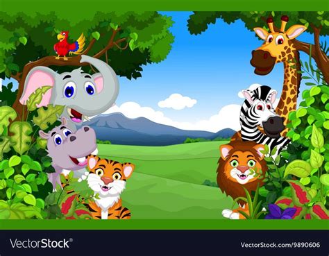 Funny Animal Cartoon With Forest Background Vector Image Cartoon
