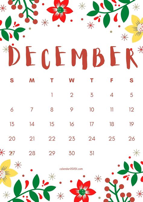 December 2020 Floral Calendar Printable Download Calendar Wallpaper