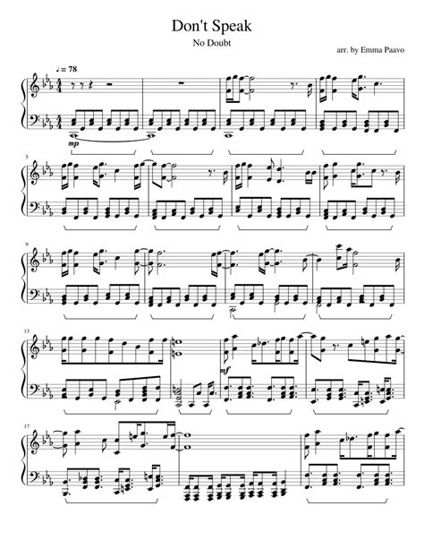 Dont Speak No Doubt Sheet Music For Piano Solo