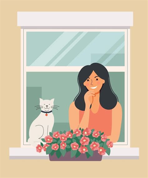 Premium Vector Girl Looking Out Window With Flowers