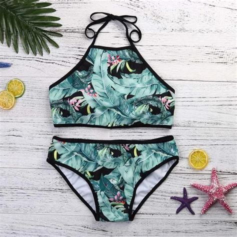 Womens Bandage Bikini Set Sexy Leaves For Rope Halter Swimsuit Suit