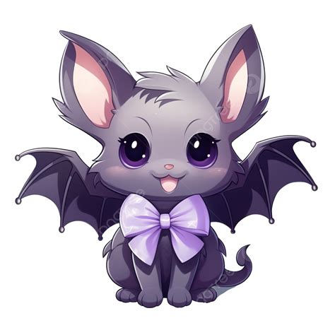 Illustration Of A Cute Cartoon Gray Bat With A Purple Bow Halloween